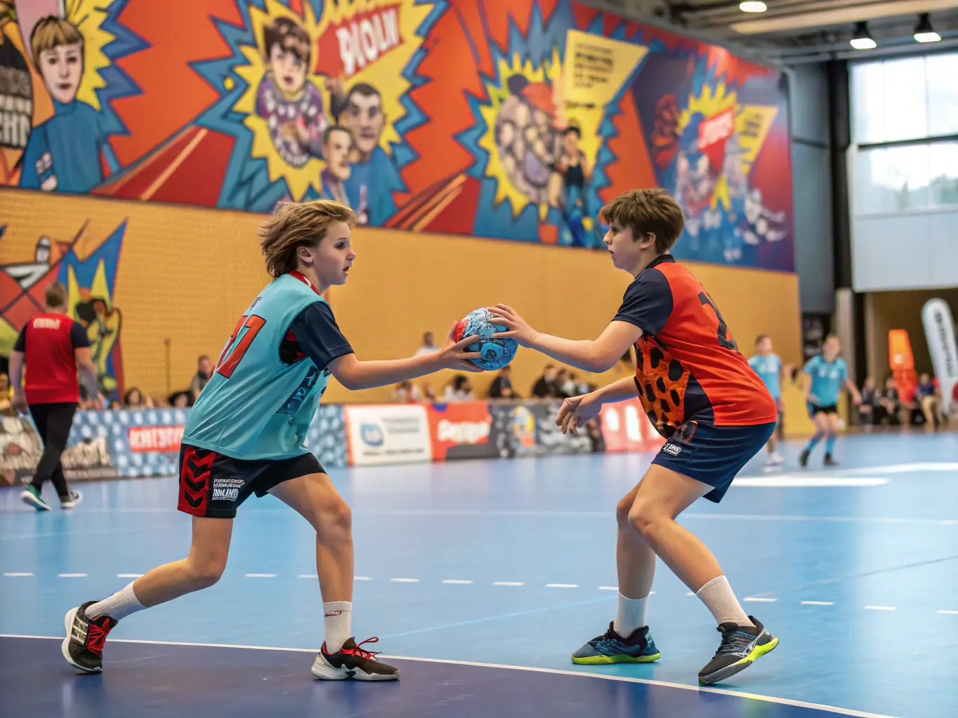 A dynamic action shot of young handball players participating in a training session at HBCB, showcasing their agility and teamwork.
