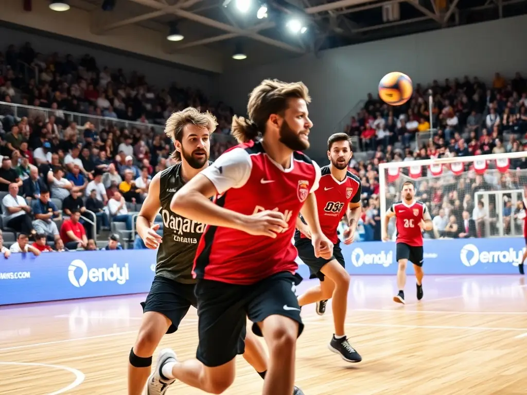 A photograph of adult handball players in a competitive match, demonstrating the intensity and strategic elements of the sport.